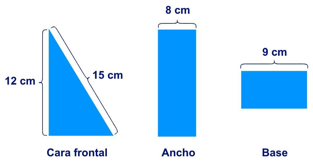 Determina el área de la superficie de prismas triangulares desde distintas perspectivas