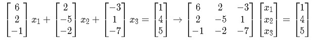 Vector equation and matrix equation in the form Ax=b from the system of linear equations