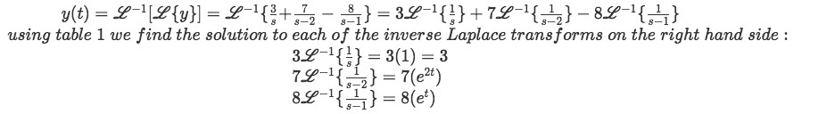 Equation for example 1(m): Solving all the inverse Laplace transforms involved on y using table 1.