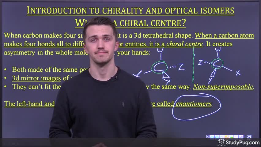 Intro to chirality, chiral centres, and enantiomers