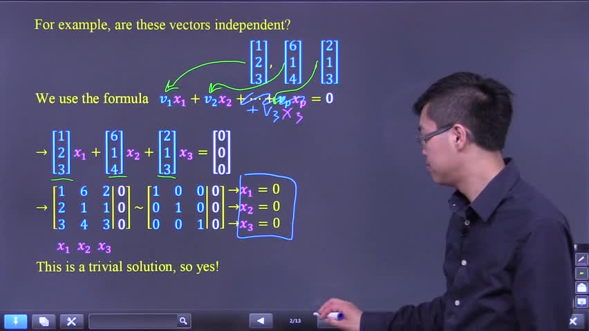 Defining linear independence and testing vectors using the trivial solution