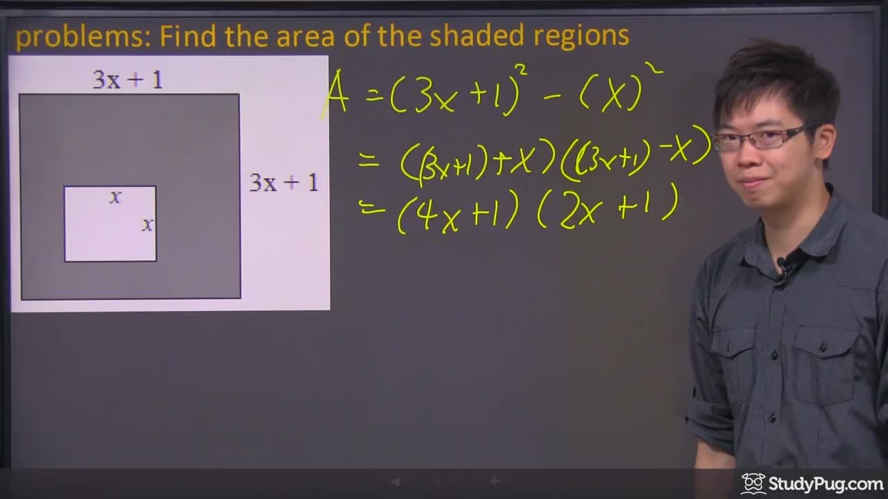Finding the area of a combined square using polynomial expressions