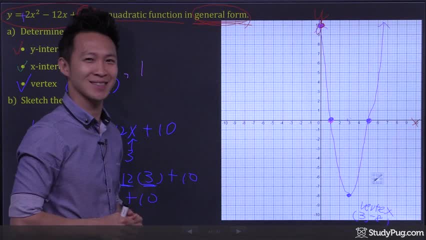 Finding intercepts, vertex, and sketching y = 2x² - 12x + 10