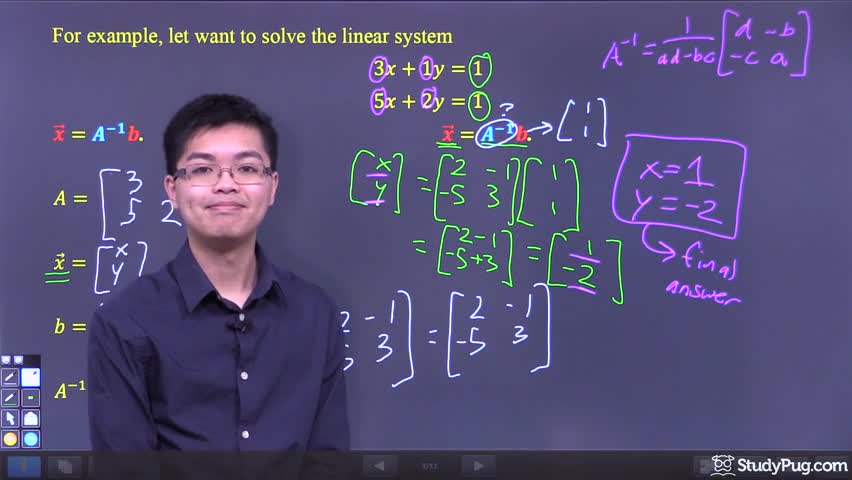 Deriving and applying the inverse matrix formula to solve a 2x2 linear system