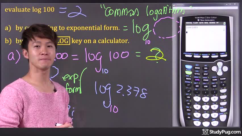 Evaluating log 100 by hand and with a calculator