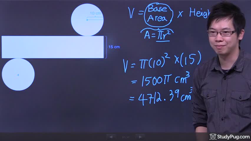 Finding the volume of a cylinder from its net diagram
