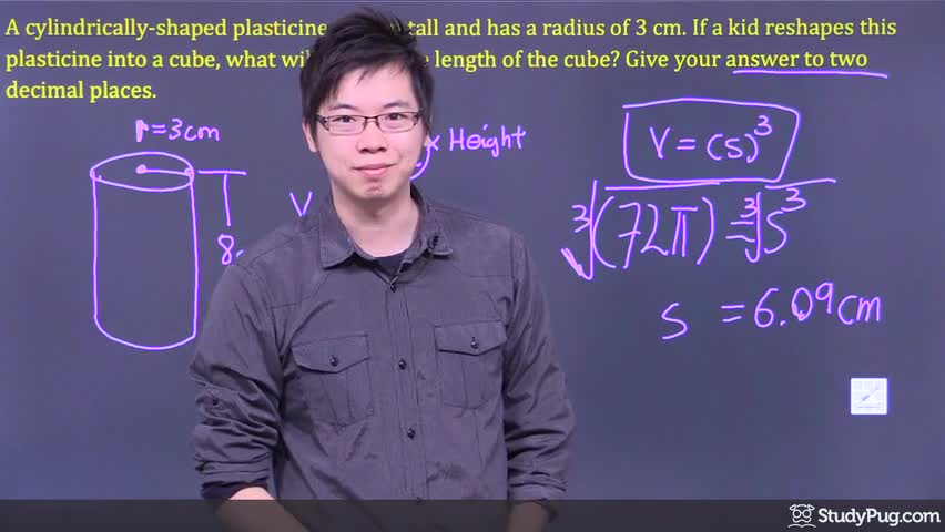 Reshaping a cylinder into a cube and finding the side length