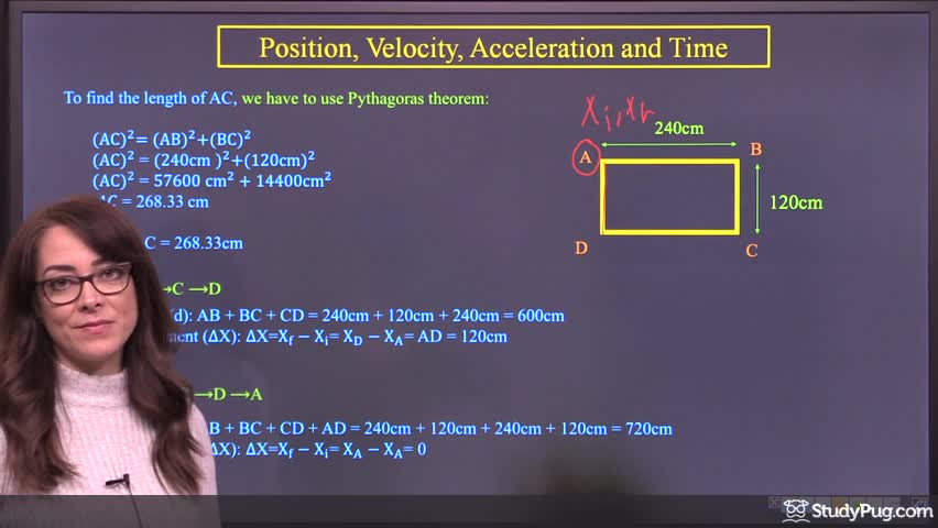 Intro to displacement vs. distance with a rectangular field example