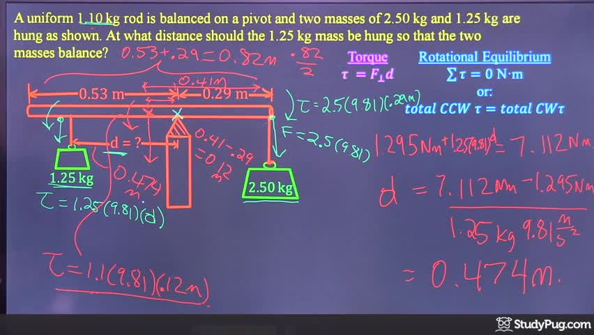 Finding the balance point of a rod with two hanging masses