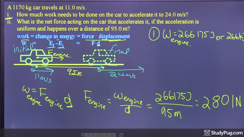 Calculating work and net force to accelerate a car