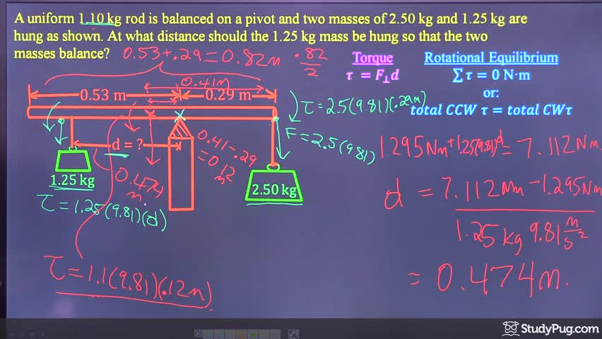Finding the balance point of a rod with two hanging masses